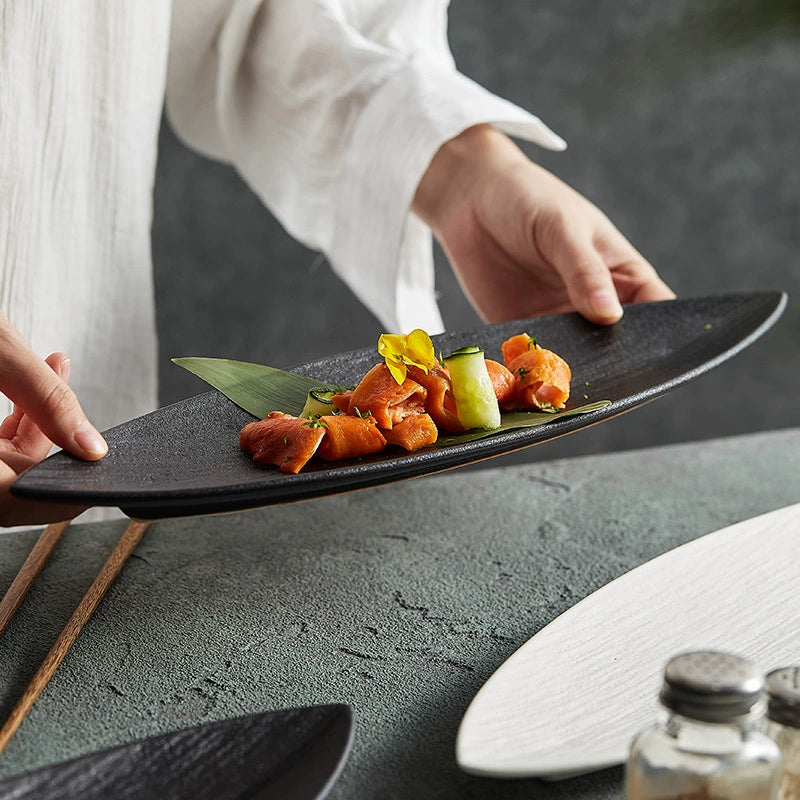 Leaf-Shaped Ceramic Serving Plate – Textured Long Dish for Sushi or Ap